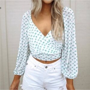 Free People Sweetie Pie Green Floral Sheer Wrap S Top Cream Combo Cropped Blouse